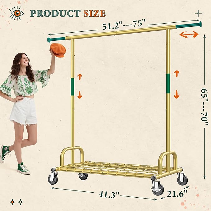 Raybee Heavy Duty Clothes Rack, Gold Clothing Racks for Hanging Heavy Clothes 200+, Rolling Clothing Rack Load 530 LBS, Extendable & Adjustable Portable Commercial Garment Rack with Wheels, Gold
