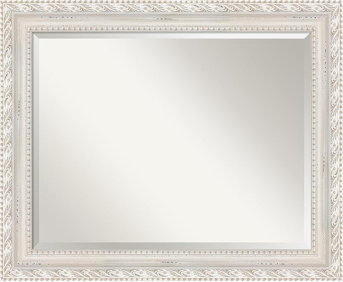 Amanti Art White Wall Mirror 28x34 Opera Off White Rectangle Bathroom Mirror for Wall Decor Living Room, Large Traditional Wood Frame, Hangs Horizonally and Vertically, Bathroom Decor, Beveled Edge