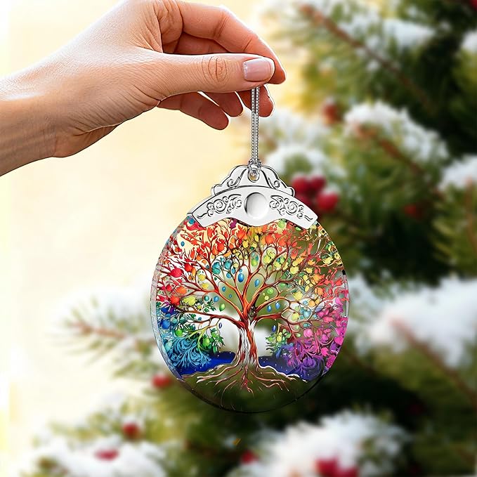 Tree of Life Stained Glass Ornament, Crystal Ornaments for Christmas Tree Decorations, Holiday Presents Idea, Car Hanging Ornaments, Car Charm, Mirror Accessories