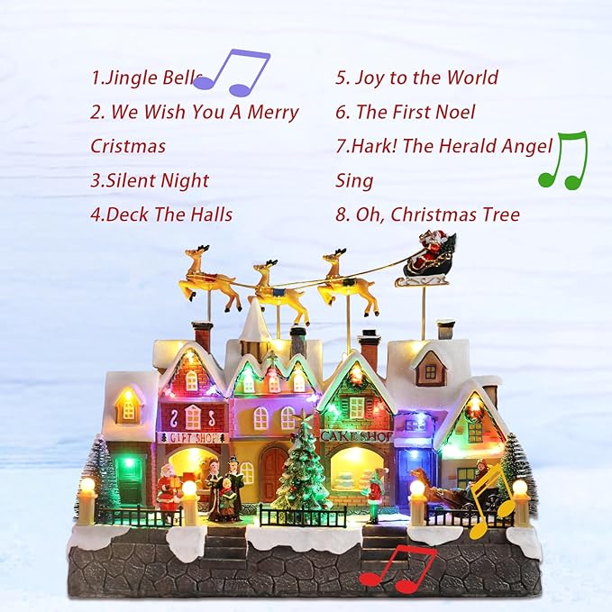 MUMTOP Christmas Village House with Flying Reindeer, Light Up Animated Town Building with Santa Sleigh for Indoor Holiday Xmas Tabletop Decor
