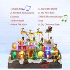 MUMTOP Christmas Village House with Flying Reindeer, Light Up Animated Town Building with Santa Sleigh for Indoor Holiday Xmas Tabletop Decor
