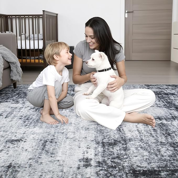 Round Area Rug for Living Room: 4 ft Washable Modern Abstract Soft Thin Rug Indoor Floor No Slip Stain Resistant Carpet for Bedroom Dining Room Farmhouse Nursery Home Office - Dark Black