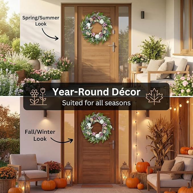 26 Inch Eucalyptus Wreaths with Roses, Hydrangeas, Lavender, Berries, Salal Leaves, Ferns, Dusty Miller, Green Summer Spring Wreaths for Front Door, Large Wreath for Porch Decor