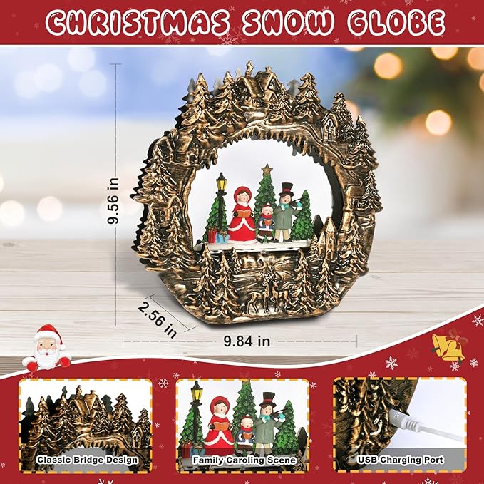 Christmas Snow Globe Lantern Water Glittering Globe with Caroling Family 8 Music Songs & 6H Timer Christmas Snow Globes USB & Battery Operated for Christmas Festival Decorations Gifts (Bridge-Family)