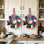 4 PCS 4th of July Hanging Wreaths for Cabinet Small Patriotic Tulip Silk Independence Day Wreaths for Front Door with Red White and Blue Flower Memorial Day Labor Day Candle Wreath for Home Wall Decor