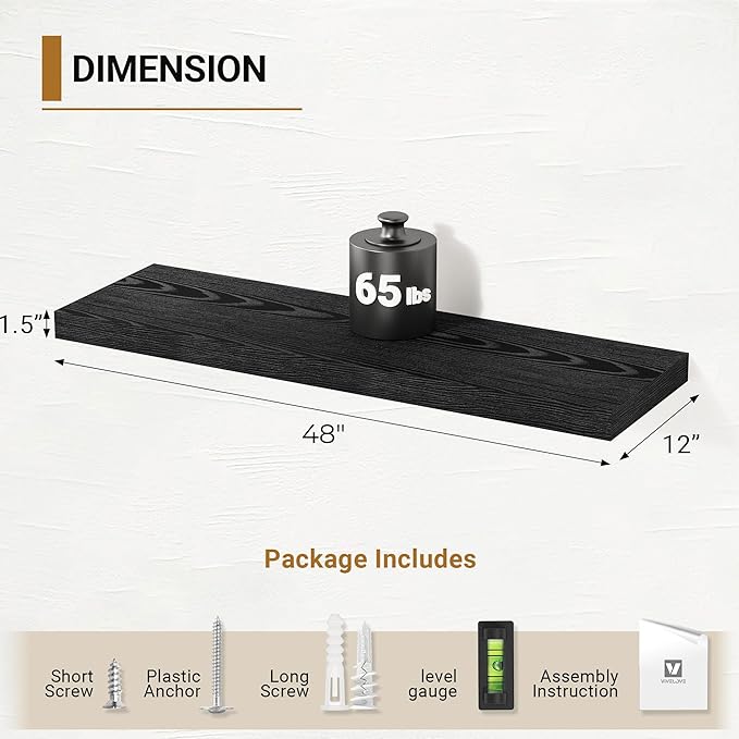 Vivelove Black Floating Shelves for Wall 48 Inches Wide, 12" Deep Wall Shelves for Bedroom, Bathroom, Living Room, Kitchen, Office, Home Decor Shelf with Invisible Brackets, 48X12X1.5 Set of 2