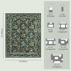 Vintage Botanical Dark Green Area Rug 8x10 Elegant Floral Pattern, Durable Stain-Resistant Fabric, Perfect for Living Room, Bedroom, Dining Room Decor