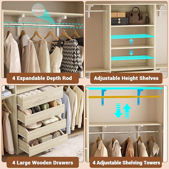Aheaplus Closet System with Drawers, Wood Closet Organizer System with 4 Hanging Rods & Top Shelves, Walk-in Closets Organizer Wardrobe Clothes Rack, Cut Fits Spaces 4-9FT. Wide, White Oak
