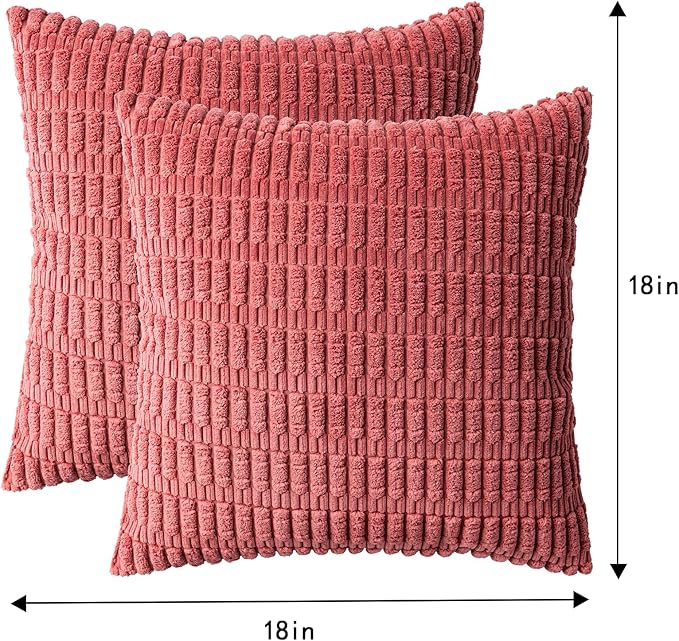 Aegero Pack of 2 Corduroy Decorative Throw Pillow Covers 18x18 InchSoft Boho Striped Pillow Covers Modern Farmhouse Home Decor for Sofa Living Room Couch Bed（Cranberry Red）