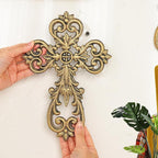 Sungmor Vintage Cast Iron Cross Wall Decor, 9.8" Tall Heavy Duty Rustic Gold Finish Wall Sculpture,Ornate Metal Art Farmhouse Home Decor