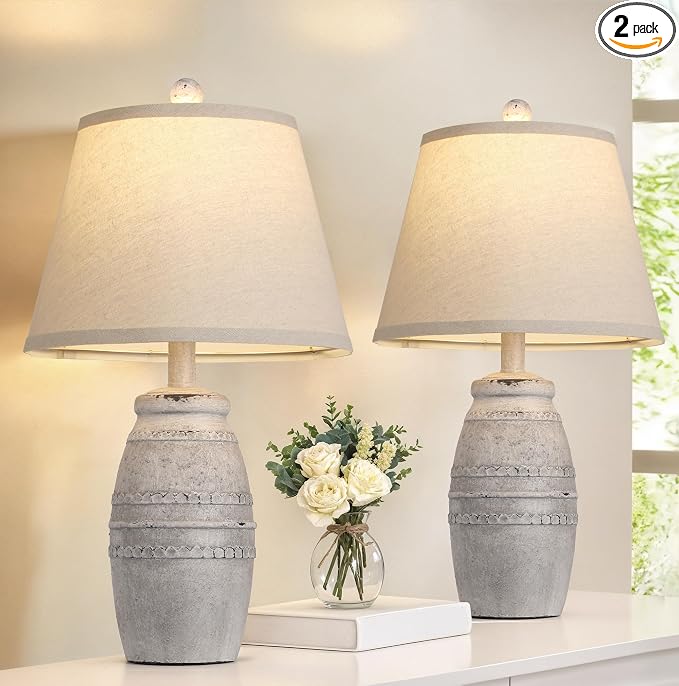 QiMH Farmhouse Table Lamps Set of 2, Bedside Lamps for Living Room, Modern Table Lamp for Bedroom, 21.5" Vintage Rustic Nightstand Lamp with Linen Shade, Retro Side Table Lamp for Office, Antique Grey