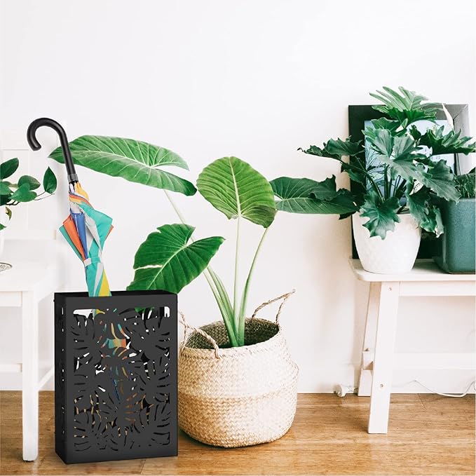 Mango Steam Monstera Umbrella Holder Stand for Home or Office Entryways (Black, Monstera)