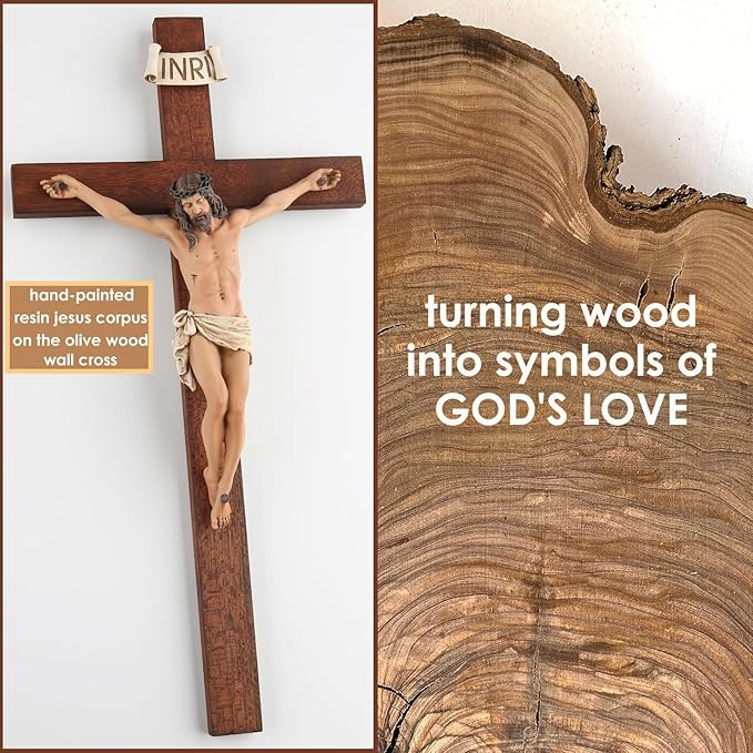 Crucifix Wall Cross - 14 Inch Olive Wood Wall Crucifix, Hand Painted Resin Jesus on Wooden Crucifix Catholic Home Decor Housewarming Religious Gifts