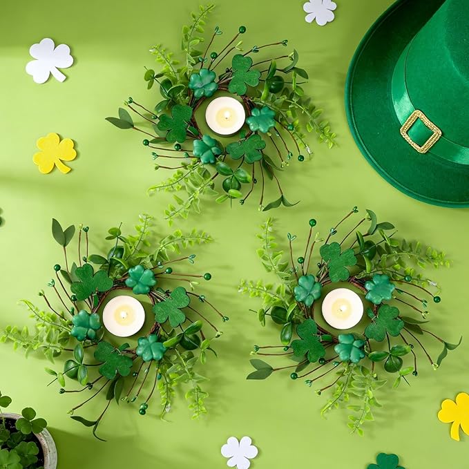 6 PCS Mini St. Patrick's Day Glitter Shamrocks Wreath for Front Door St. Patrick's Day Kitchen Cabinet Wreaths Decorations with Ribbon Small Lucky Green Irish Clover Berry Wreath for Porch Wall Window