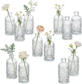 Kingrol 12 Pack Mini Glass Bud Vases, Small Clear Flower Vases for Single Stems, 4.9 Inch Vintage Embossed Bottles for Home Shelf, Bathroom & Desk Decor