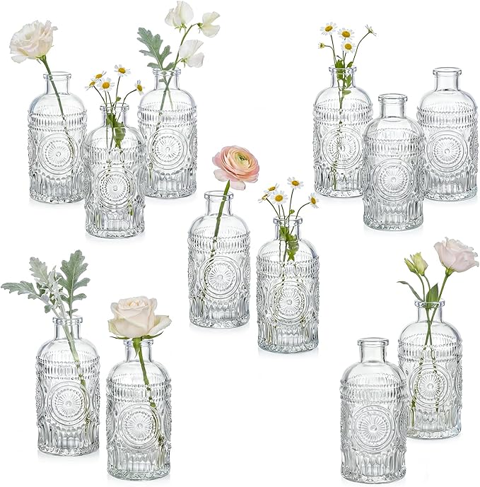 Kingrol 12 Pack Mini Glass Bud Vases, Small Clear Flower Vases for Single Stems, 4.9 Inch Vintage Embossed Bottles for Home Shelf, Bathroom & Desk Decor