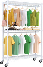 Rolling Garment Rack with Wheels, Heavy Duty Clothing Rack for Hanging Clothes, Load 480 LBS Metal Closet Rack Double Hanging Rods Portable Closet for Bedroom Storage, H2 Plus, White