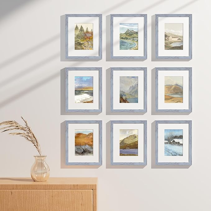 Vittanly 8x10 Picture Frames Set of 9, Shatter Resistant Plexiglass, Display 5x7 Pictures with Mat or 8x10 without Mat, Photo Frames for Wall or Tabletop, Engineered Wood, Vintage Blue-Gray