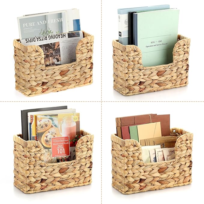 BTSKY Woven Hanging Magazine Holder, Water Hyacinth Magazine Basket, Wall Mounted Storage Basket for Books & Files, Wall File Organizer Magazine Rack with Handle for Home & Office - 11.8x4.3x7.9 Inch