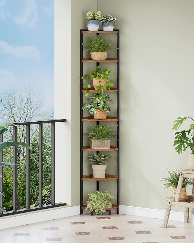 Hzuaneri Corner Shelf Stand, Corner Bookshelf, Storage Standing Shelf Unit with Metal Frame, Plant Stand, Bookcase for Living Room, Home Office, Bedroom, 7-Tier Rustic Brown CS07001B