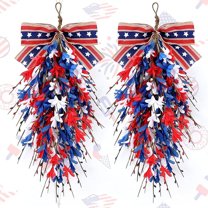 2 PCS 24'' Patriotic American Swag for Front Door 4th of July Teardrop Swags Independence Day Swags Wreath Red White Blue Flag Forsythia Flowers Hanging Swag for Memorial Day Flag Day Cabinet Decor
