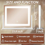 FENNIO Vanity Mirror with Lights, 12" x 16" Lighted Makeup Mirror with Smart Touch Control, 3 Color Modes & Brightness Adjustable, LED Makeup Mirror with 10X Magnification, 360° Rotation for Bedroom