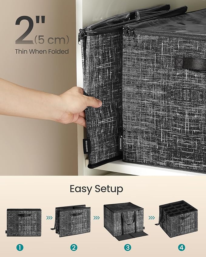 SONGMICS Shoe Organizer for Closet, Set of 2, Shoe Storage Box with Clear Lid, Foldable Fabric Bins, Holds 32 Pairs Total, Reinforced Handles, 16.5 x 16.5 x 12.5 Inches, Ink Black ULSP602B01