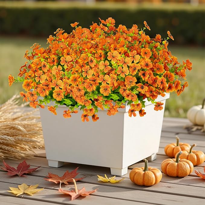 Artificial Fake Flowers for Outdoors Fall Autumn Decorations,Faux Mums Flowers Silk Daisy Plants Greenery Realistic UV Resistant for Outside Planter Front Porch Patio Boxwood Garden 16 Bundles(Orange)