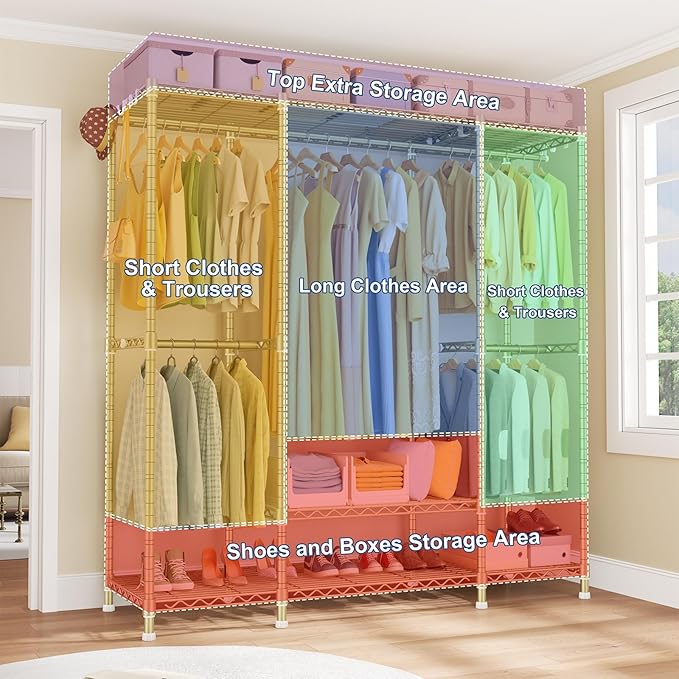 Ulif E3 Heavy Duty Garment Rack, 4 Tiers Freestanding Closet Organizer System with 5 Shelves, Metal Closet Organizer and Storage System for Clothes, Max Load 850lbs, 58.4" W x 15.7" D x 77.3" H, Gold