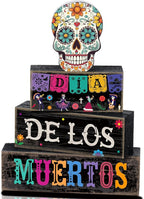 Lineshading 4 Pcs Day of The Dead Table Decorations Day of The Dead Centerpiece for Table Dia De Los Muertos Tiered Tray Decor Wood Sugar Skull Block Signs for Halloween Party Home Shelf Decoration