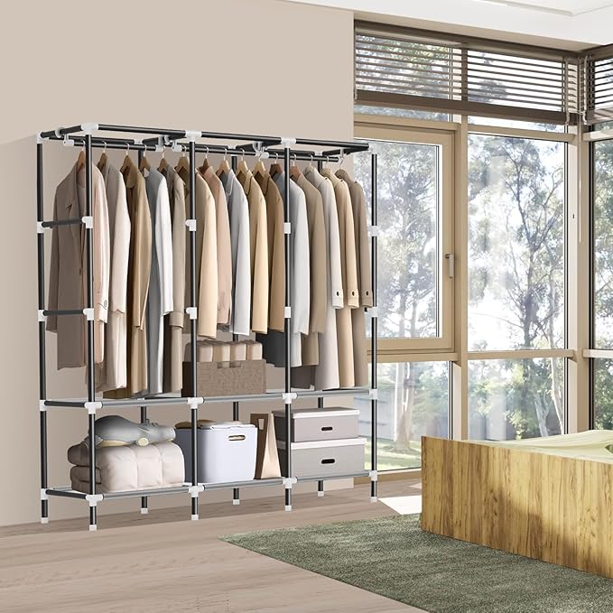 LOKEME Wardrobe Closet,Portable Closet for Bedroom Steel Pipe Diameter 19mm Strong and Sturdy Navy Blue Portable Closets for Hanging Clothes with 3 Hanging rods, 6 Storage Shelves and Side Pocket
