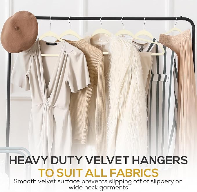50 Pack New Premium Quality Velvet Hangers Ultra Thin Non Slip Adult Felt Space Saving Hangers for Closet Heavy Duty Coat Pants Jackets Dress Hangers 360° Swivel Hook Hold Upto 10 lbs Ivory