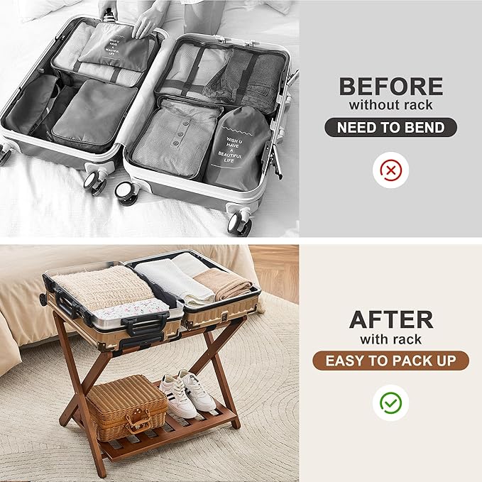 Fully Assembled Luggage Rack, Walnut Luggage Rack for Guest Room, Bamboo Folding Suitcase Stand with Storage Shelf, 5 Nylon Straps, Heavy Duty Luggage Holder for Bedroom Hotel, 1 Pack