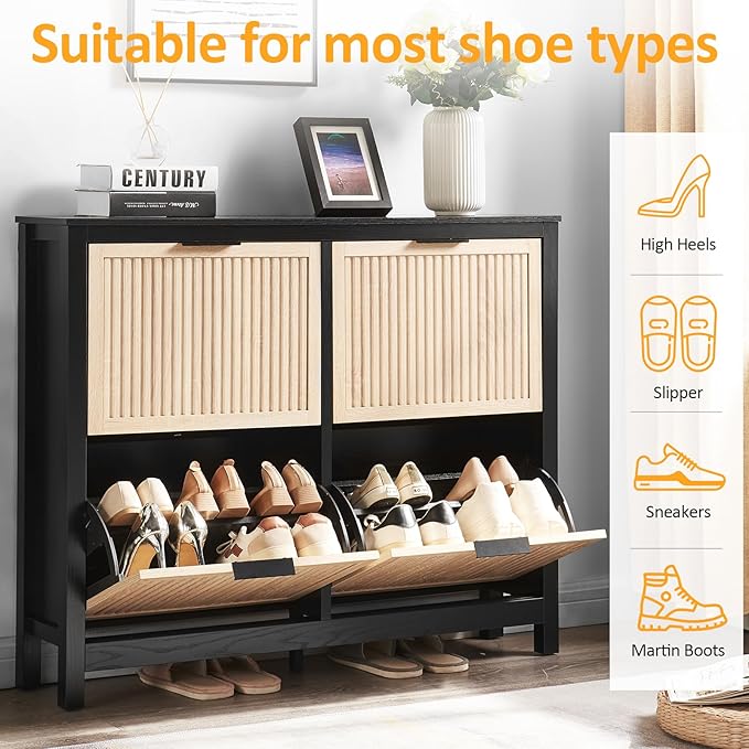 4 Flip Drawers Shoe Cabinet Storage for Entryway, Narrow Hidden Wood Shoes Organizer Cabinet Front Door Entrance Thin Free Standing Front Door Shoe Rack Storage for Entryway(Oak&Black)