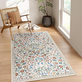 Moynesa Floral Washable Area Rugs, 3x5 Rugs for Bedroom Non Slip Soft Entry Rug, Boho Flower Small Living Room Throw Rug Ultra Thin Floor Carpet for Dorm Bathroom Nursery, Beige