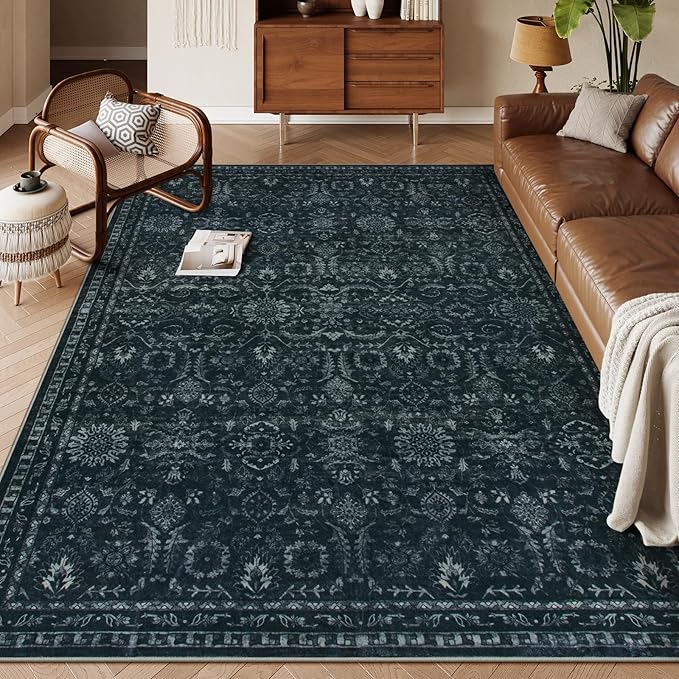 Lahome Black Area Rug for Living Room 8x10,Boho Washable Thin Carpets for Office Decor,Vintage Rubber Backed Non Slip Rug for Bedroom Dorm Apartment Hardwood Floors