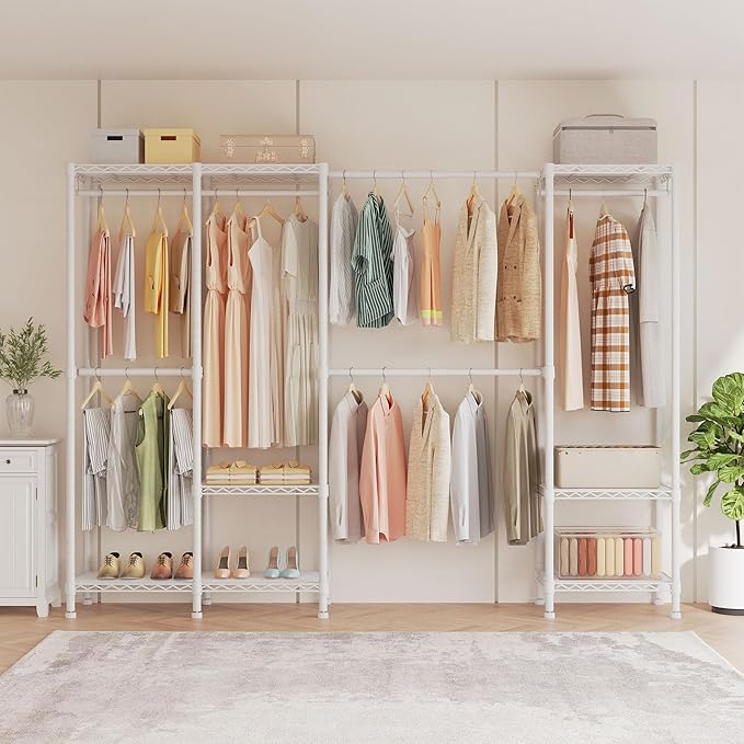 H7 Pro Heavy Duty Clothes Rack Large Garment Rack for Hanging Clothes, Freestanding Wardrobe Closet with Expandable Hanger Rods, Closet Organizer Storage, (79.1"-96.9") Lx15.7 Wx75.4 H, White