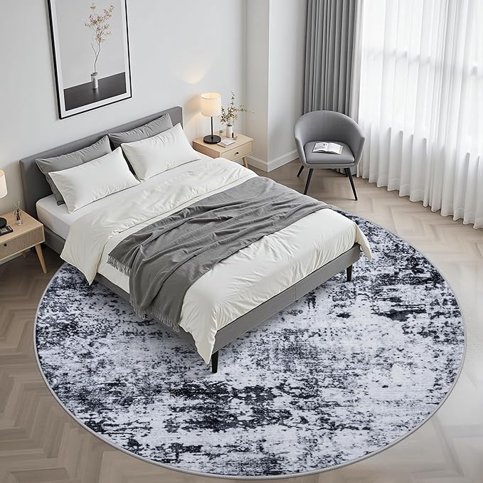 Round Area Rug for Living Room: 8 ft Washable Modern Abstract Soft Thin Rug Indoor Floor No Slip Stain Resistant Carpet for Bedroom Dining Room Farmhouse Nursery Home Office - Black