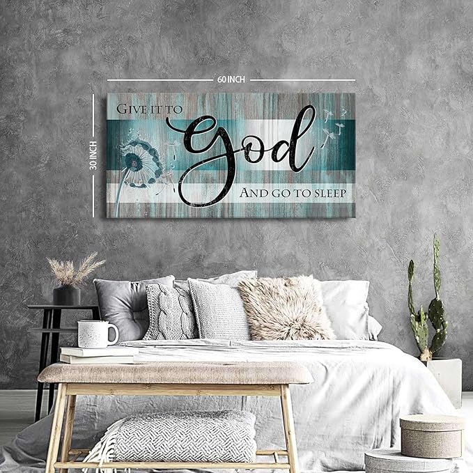 Extra Large Christian Wall Decor Scripture Wall Art Give It to God and Go to Sleep Bedroom Pictures Inspirational Bible Verses Wall Decor Turquoise Teal Religious Artwork Living Room Decoration 30x60"