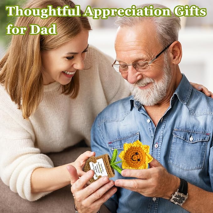 Funny Fathers Day Dad Gifts from Daughter Son - Handmade Positive Crochet Sunflower Gift for Dad Cool Daddy Presents, Small Cute Stuff Things, Positive Emotional Support Gifts Idea for Father