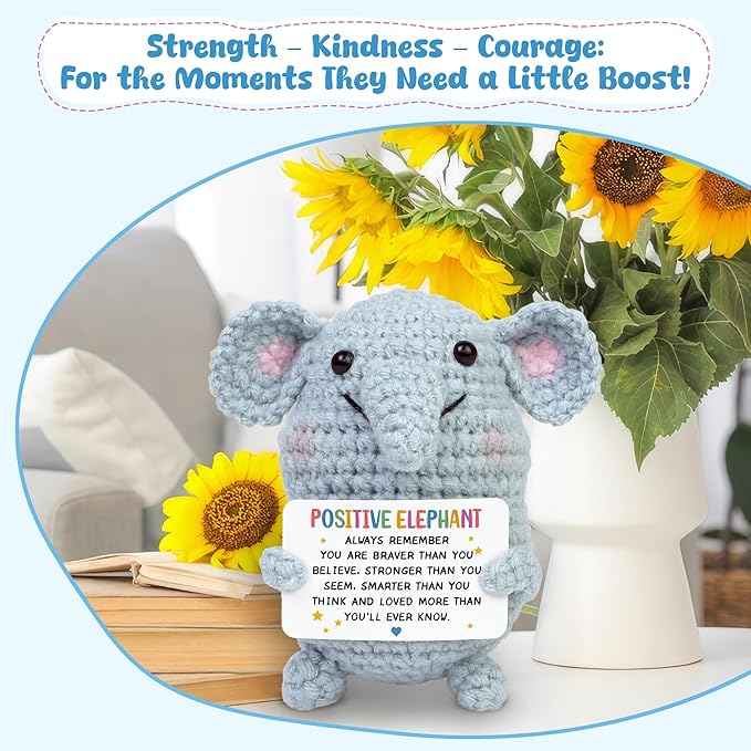 OASSIE Thank You Gifts for Women - Mini Positive Crochet Animals Elephant - Inspirational Birthday Preschool Kindergarten Graduation Gifts Trendy Stuff for Teen Boys Girls Kids Friend Daughter Sister