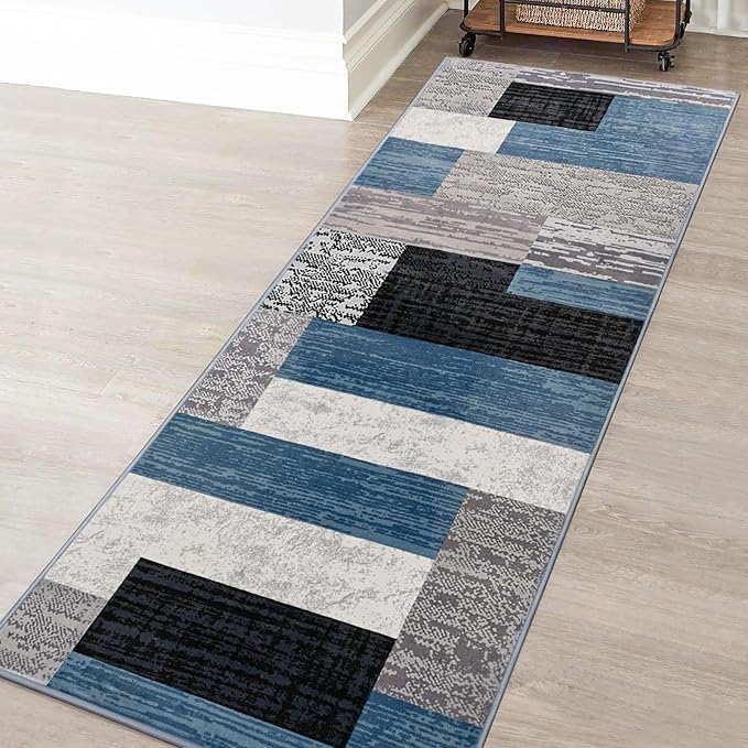 FlyDOIT Modern Geometric Patchwork Area Rug, 2x6 Blue Runner Rugs for Living Room, Rockwood Collection Indoor Rugs for Bedroom, Throw Carpet Floor Decor for Entryway Dining Room Office Nursery