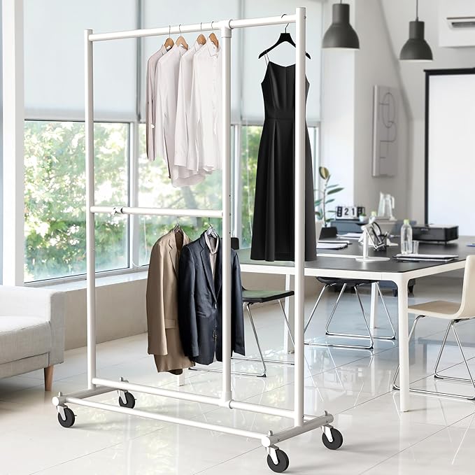 Simple Houseware Dual Bar Adjustable Clothing Garment Rack, 72 Inches Height, White