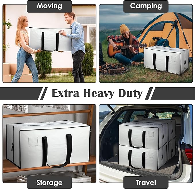 6 Pack Extra Heavy Duty Large Moving Bags with Reinforced Zipper & Wide Handles, Waterproof Storage Bins for Clothes, College Dorm, Travel, and Home Organization, White