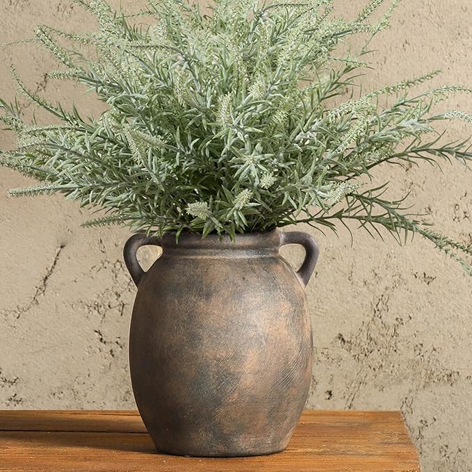 Ceramic Flower Vase 7.6 inch Farmhouse Rustic Vase Decorative Pottery Terracotta Vases for Home Decor Table Mantle Fireplace Living Room Bathroom Wedding Centerpiece (Black)