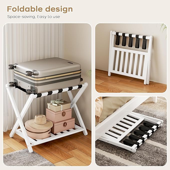 Luggage Rack for Guest Room - 1 Pack 26.77" L Full Assembled Luggage Rack Stand for Suitcases, Foldable Luggage Holder with Shoe Shelf for Bedroom, Hotel (White Bamboo Suitcase Stand)