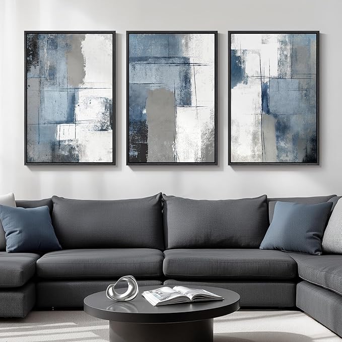 Large Framed Blue and Grey Abstract Wall Art, 3 Piece Modern Canvas Prints Paintings Artwork for Walls, Minimalist Abstract Block Pictures for Living Room Entryway Hallway Bedroom Wall Decor 20x30 In