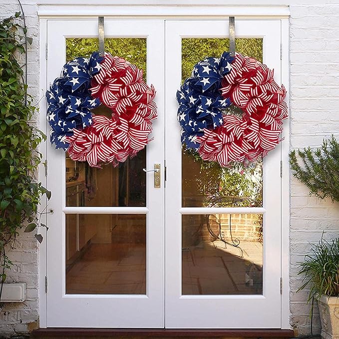 Patriotic Wreaths for Front Door, New 250th Anniversary Decorations, 4th of July Decorations Outdoor, Handcrafted Memorial Day Wreaths, Festival Celebration USA Flag Printed Wreath (D)