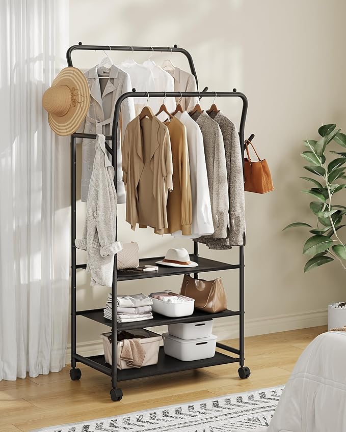 Clothes Racks for Hanging Clothes, Rolling Garment Rack, Clothing Rack with Wheels and Hooks, Double Rod Clothes Rack with Shelves, for Bedroom, Living Room, Laundry Room Black TYM07BB