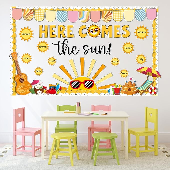 Summer Shine Bright Sun Bulletin Board Set Here Comes The Sun Paper Cutouts Classroom Decorations Tropical Beach Name Tags for Teacher Back to School Nursery Chalkboard Home Wall Door Decor Supplies